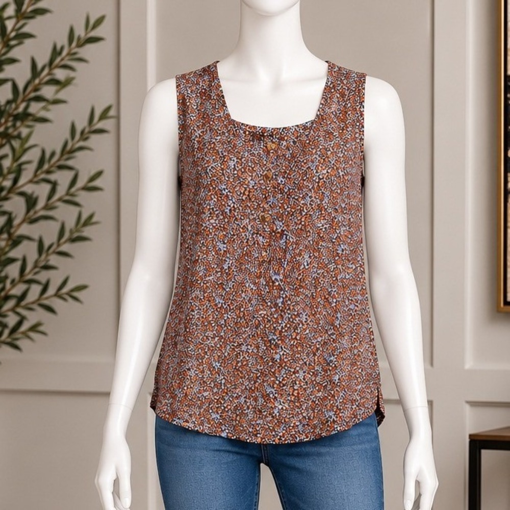 LOFT Women Sleeveless Blouse Orange Blue Ditsy Floral Split Neck Top Size Medium